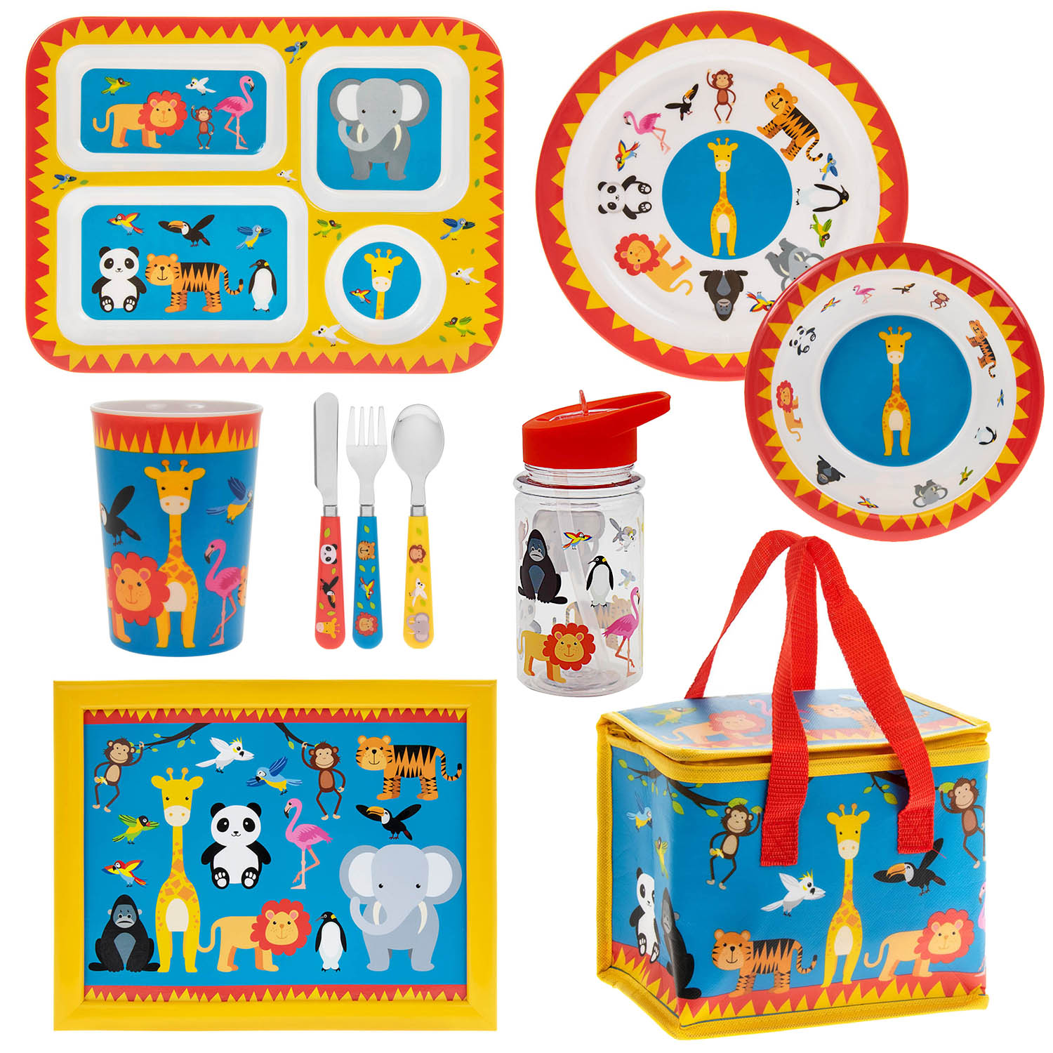 Kids Zoo Animals Cutlery Dinner Set Mealtime Plastic Bowl Plates Cup